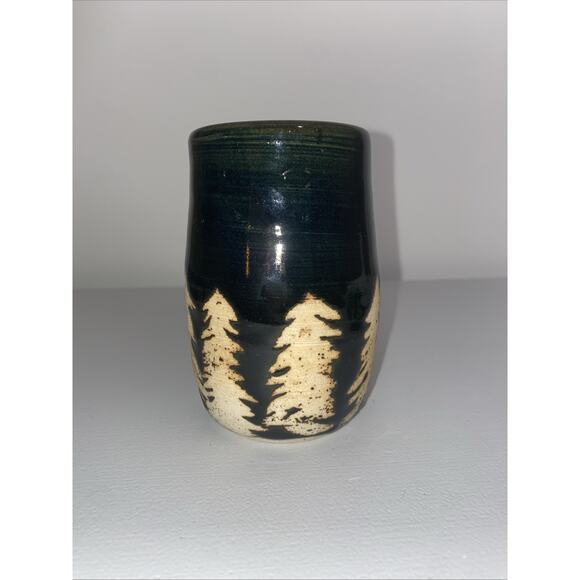 Studio Art Pottery Hand Thrown Glazed Vase/ Pen Holder Black With Trees - Picture 2 of 7
